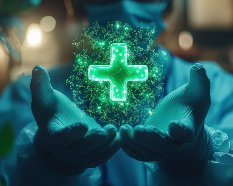 A person, wearing a medical gown and gloves, holds a digital green plus sign surrounded by glowing particles in their hands. The image uses a dark, cool color palette with green as a focal point. The soft focus and shallow depth of field add a dreamlike quality. The person's face is partially obscured by a mask, enhancing the focus on the medical symbol. The image evokes themes of health, technology, and care. It can be used in medical promotions, technology articles, or healthcare-related content.