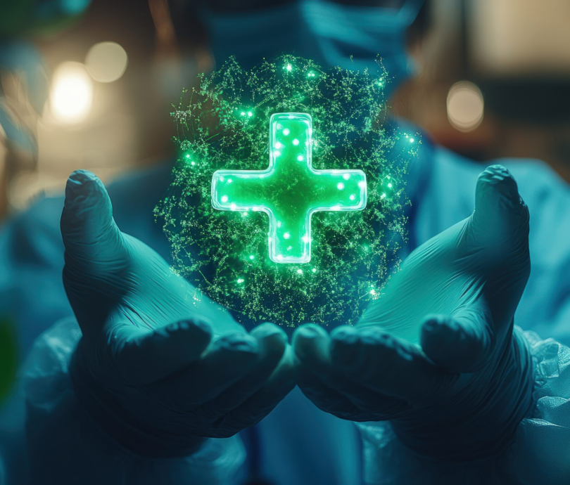 A person, wearing a medical gown and gloves, holds a digital green plus sign surrounded by glowing particles in their hands. The image uses a dark, cool color palette with green as a focal point. The soft focus and shallow depth of field add a dreamlike quality. The person's face is partially obscured by a mask, enhancing the focus on the medical symbol. The image evokes themes of health, technology, and care. It can be used in medical promotions, technology articles, or healthcare-related content.